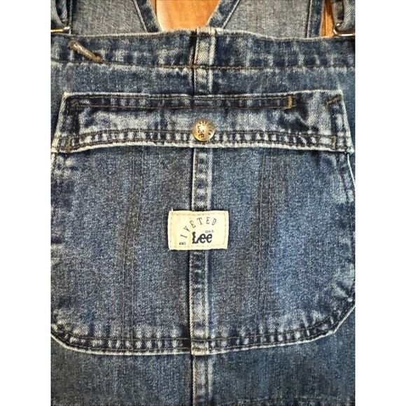 Vintage Riveted Lee Jeans Shortall Overalls Size XL Big Shorts Y2K Dark Wash - Picture 3 of 8